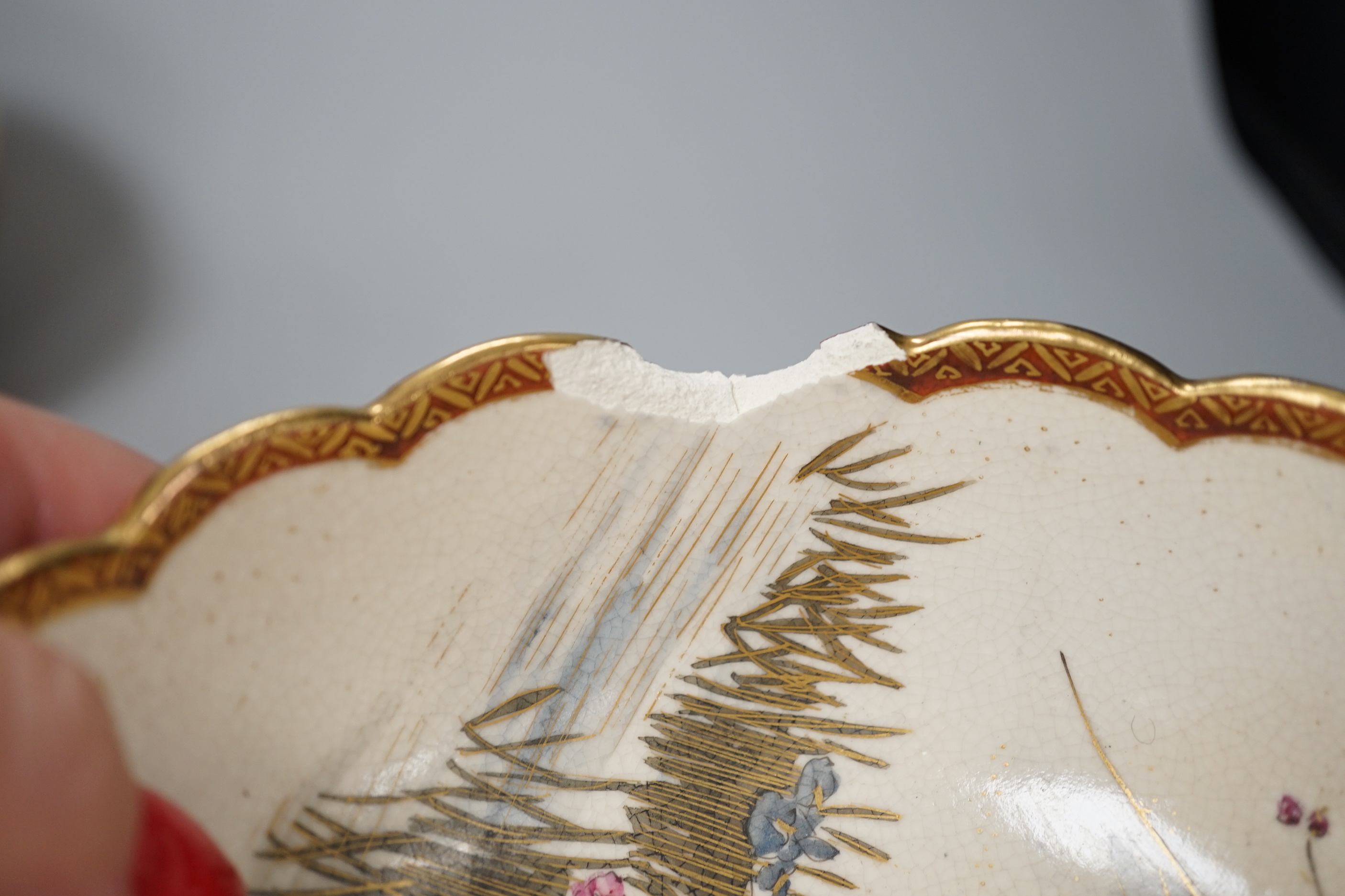 Japanese ceramics comprising pair of cats, satsuma bowl and a gilded example, the largest 17cm wide